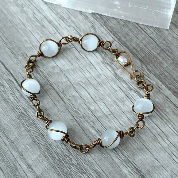 Boho Chic Selenite Crystal Bracelet, Adjustable Gemstone Wire Wrapped Bracelet - Picture 6 of 6